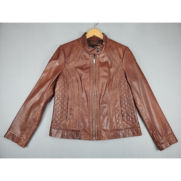 Bernardo Leather Moto Biker Jacket Women's Large Brown Full Zip - Picture 1 of 10